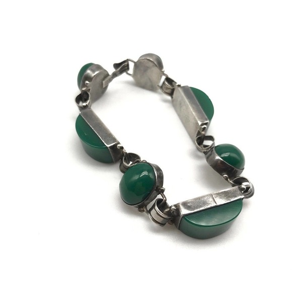 Vintage 925 Sterling Silver Mexico Green Onyx Panel Link Bracelet 7.25" - Picture 10 of 10